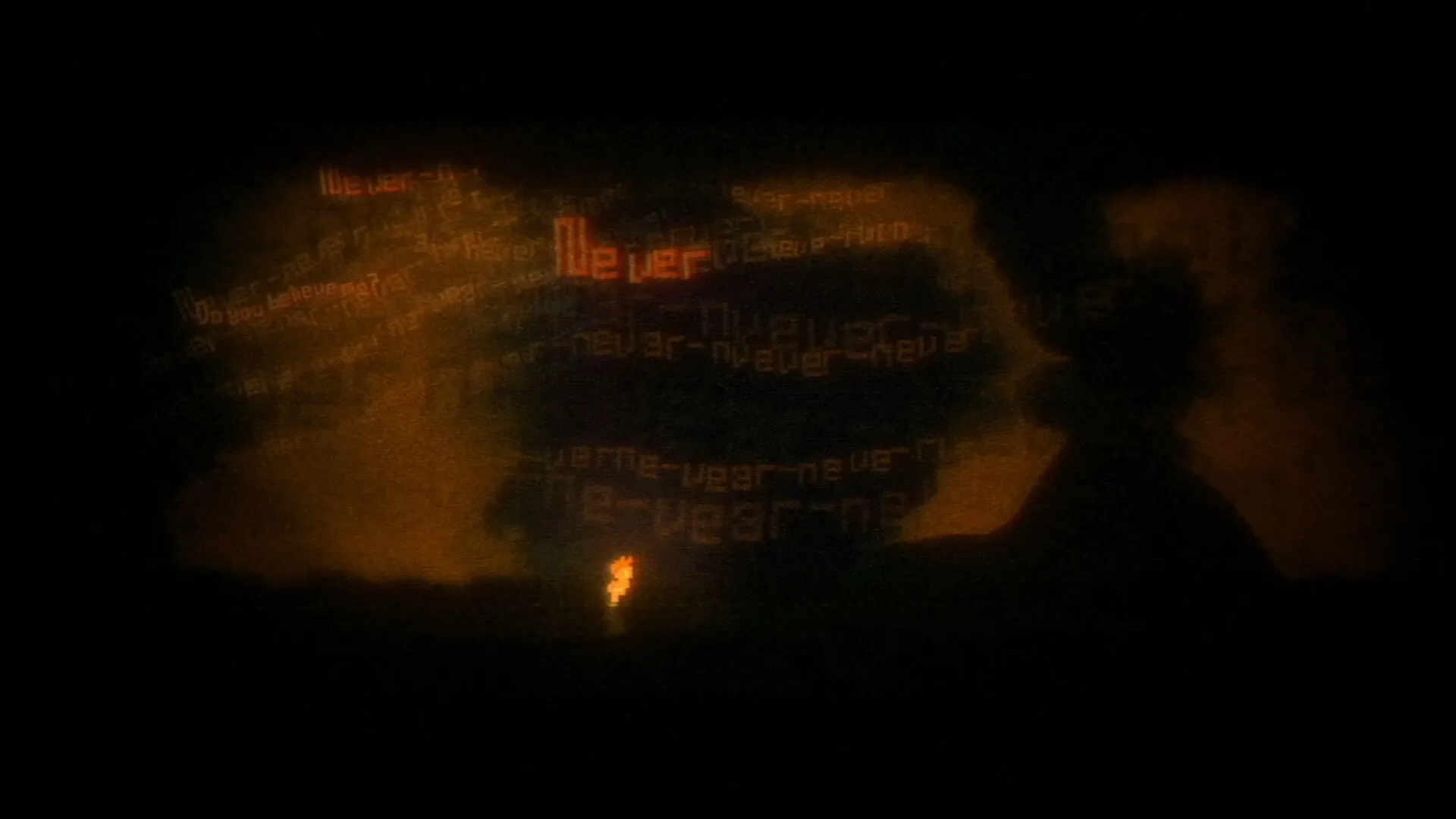 OMUT: Lone character walks through dark, eerie environment with "Do you believe me?" text swirling around.