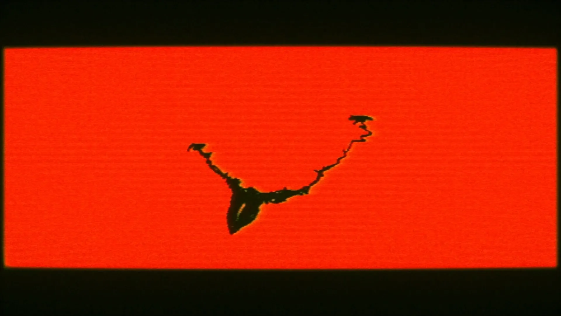 OMUT: Dark, jagged silhouette resembling antlers against a vivid red background, evoking a horror theme.