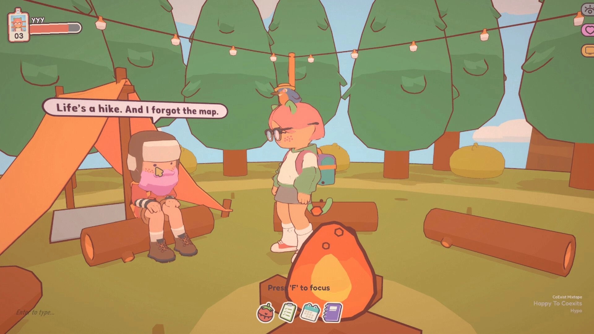 On-Together: Two characters chat by a campfire in a cozy forest setting with a tent and trees.