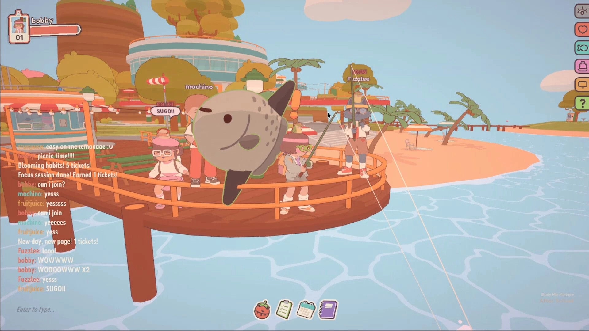 On-Together: Players fishing on a sunny pier with chat messages displayed on the screen