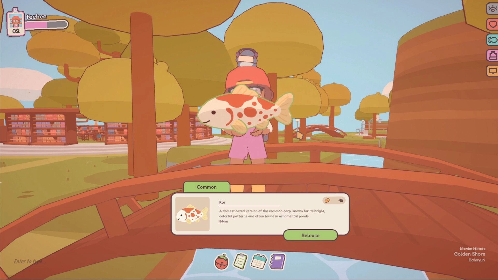 On-Together: Player feebee holding a koi fish on a bridge in a colorful park with item description UI.