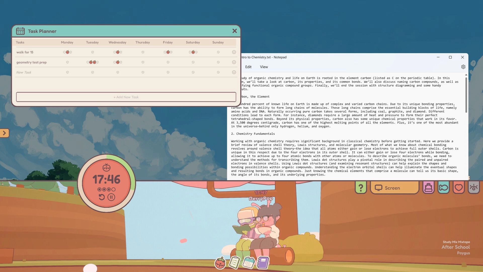 On-Together: Task planner and chemistry notes open with timer and characters resting on tree log background