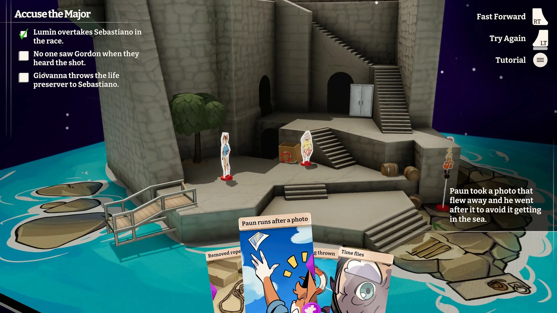 On Your Tail: Lumin accuses Sebastiano at seaside tower with decision menu and narrative cards visible.