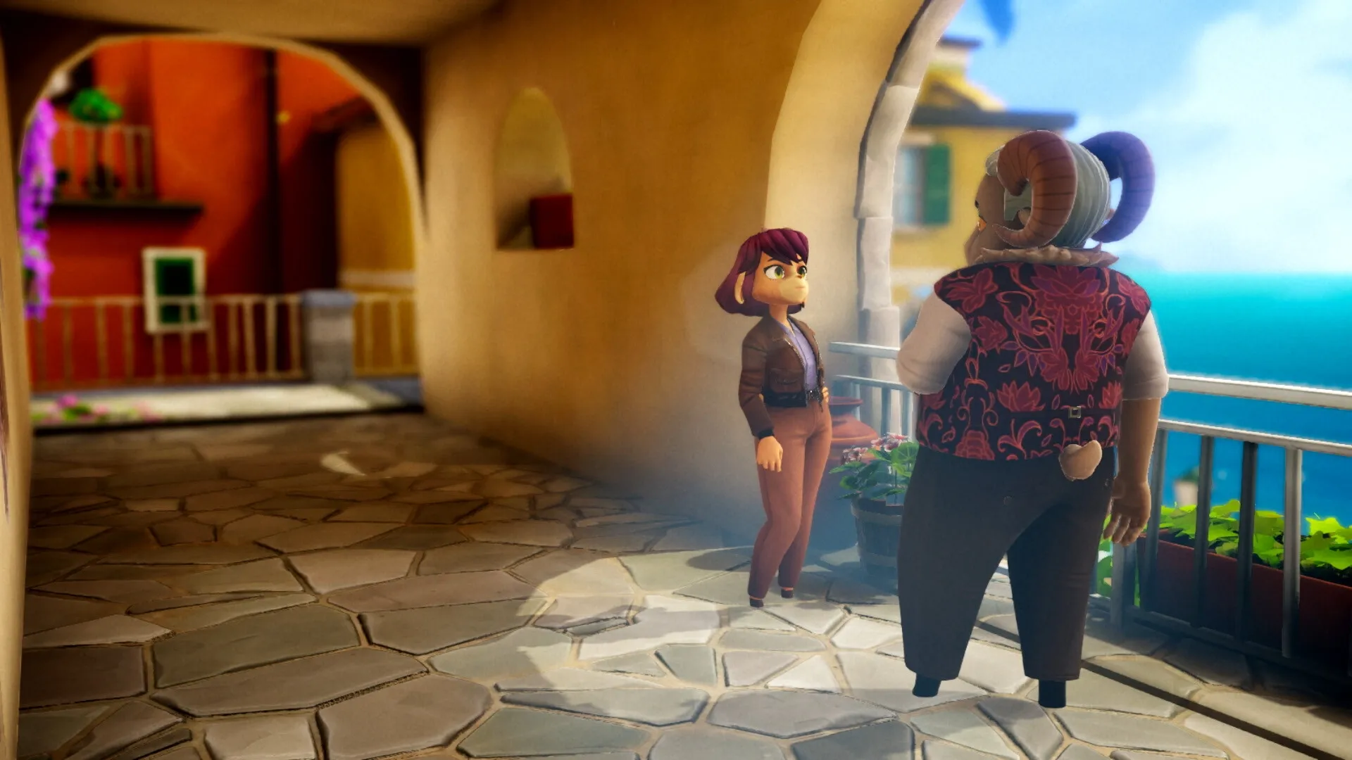 On Your Tail: Writer character converses with villager on sunny seaside balcony with ocean view