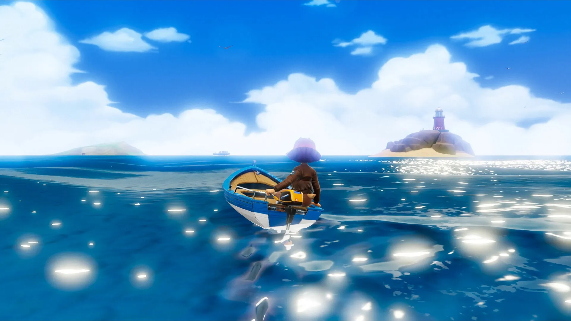 On Your Tail: Character rowing in small boat towards lighthouse under clear blue sky and bright sunlight