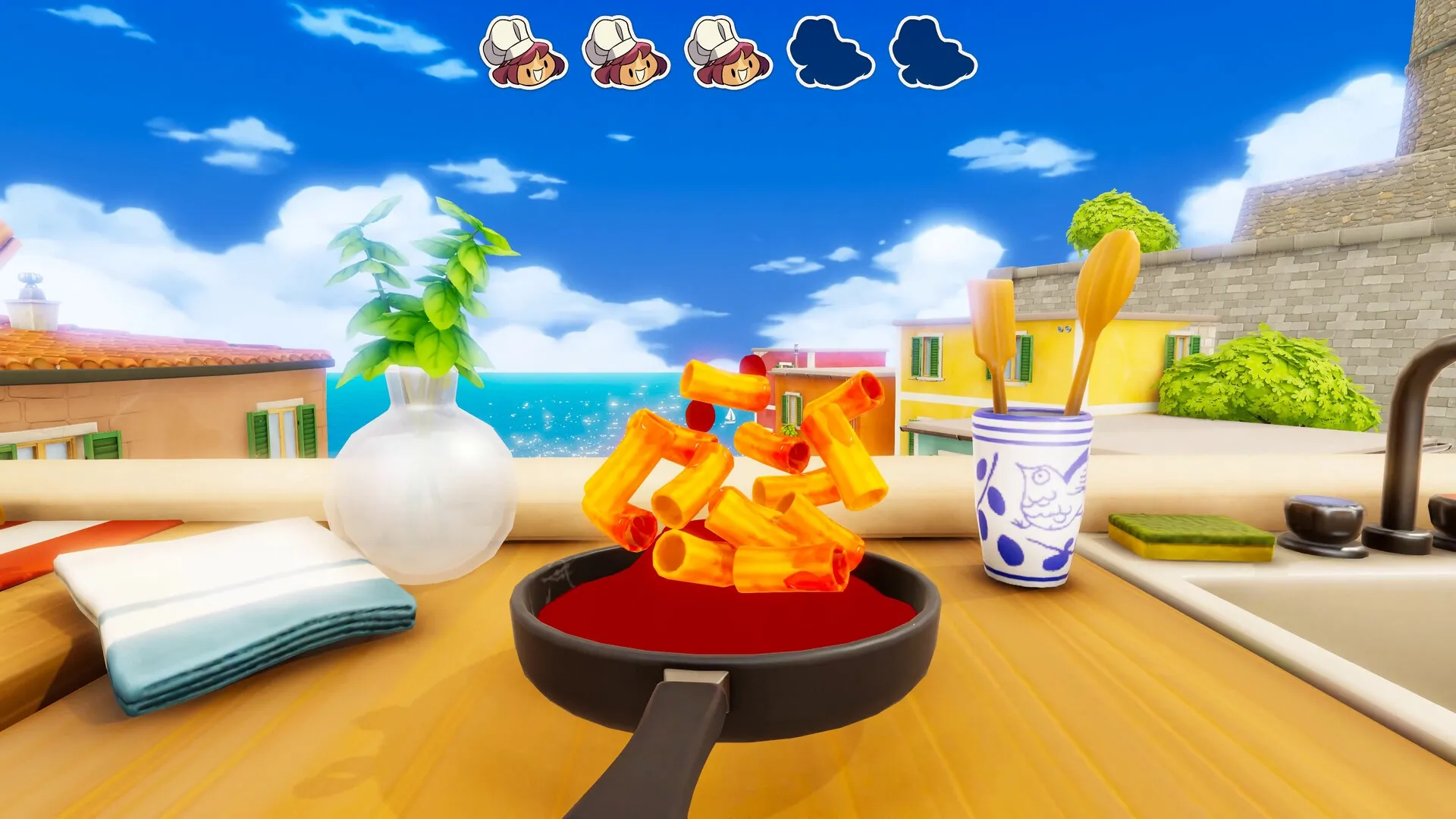 On Your Tail: Cooking pasta in a pan with a seaside view and vibrant town buildings in the background.
