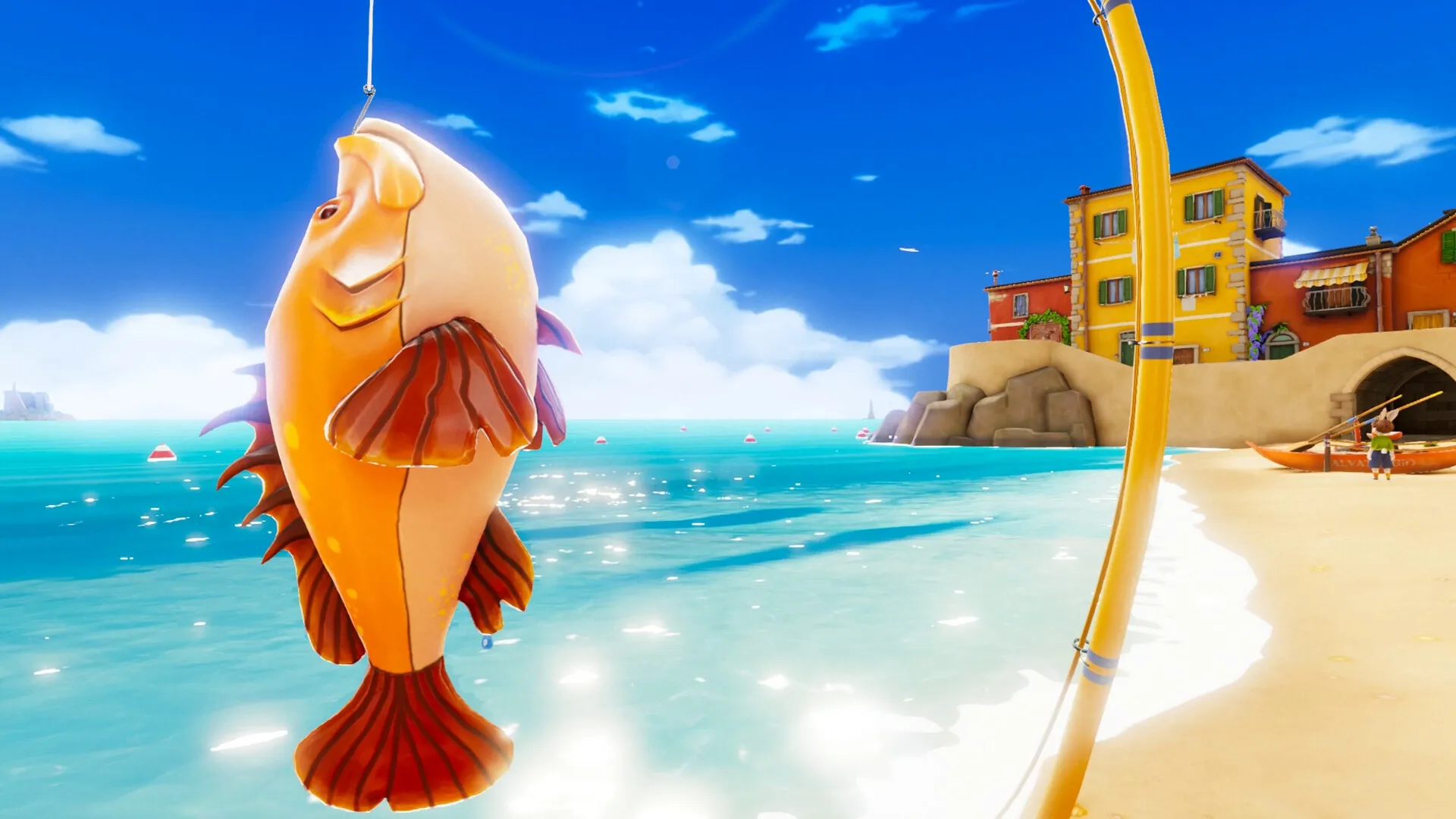 On Your Tail: Catching a large fish by a colorful seaside building, with bright blue ocean and sky.