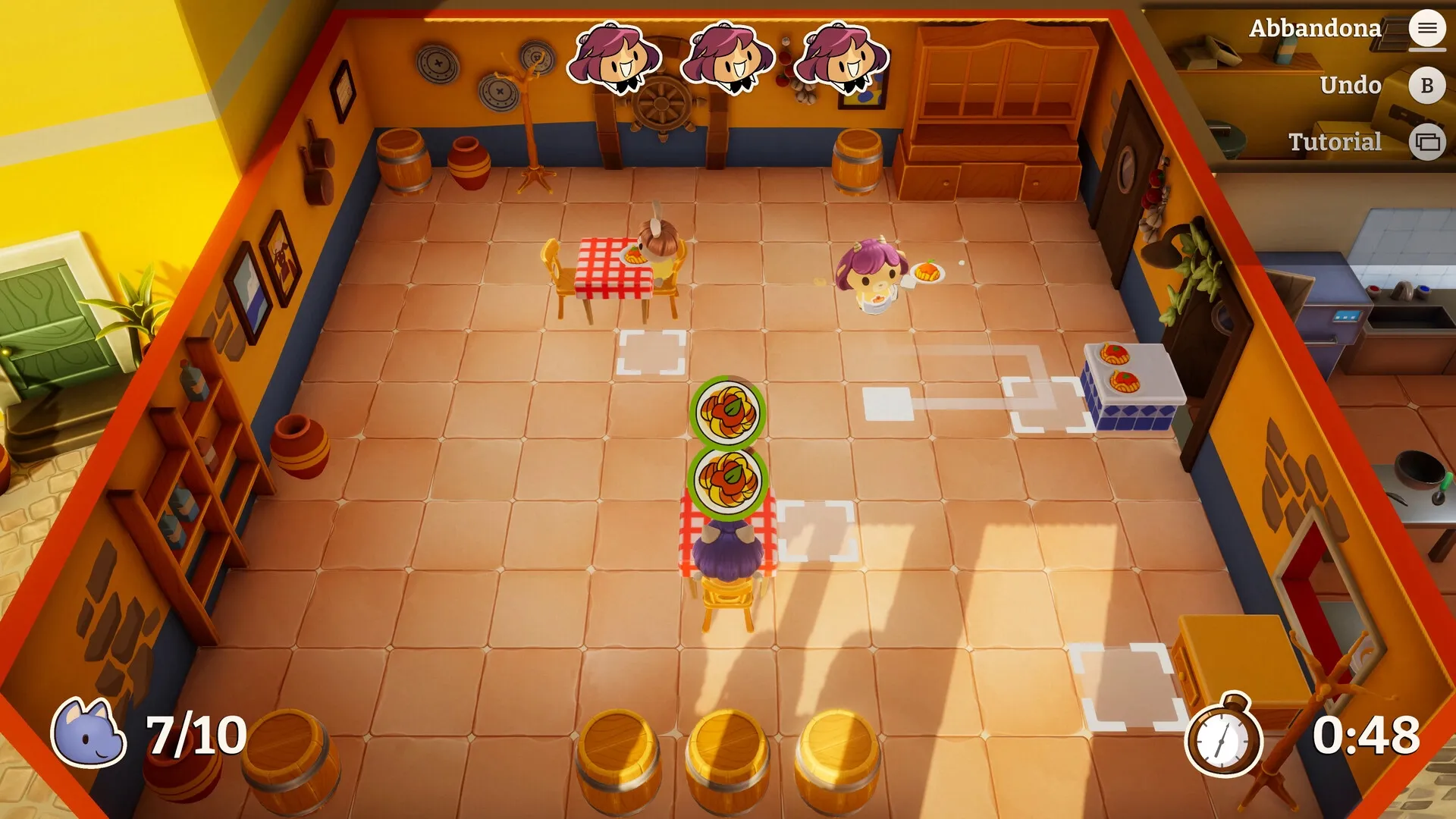 On Your Tail: Character serves dishes in cozy kitchen with timer and health bar visible