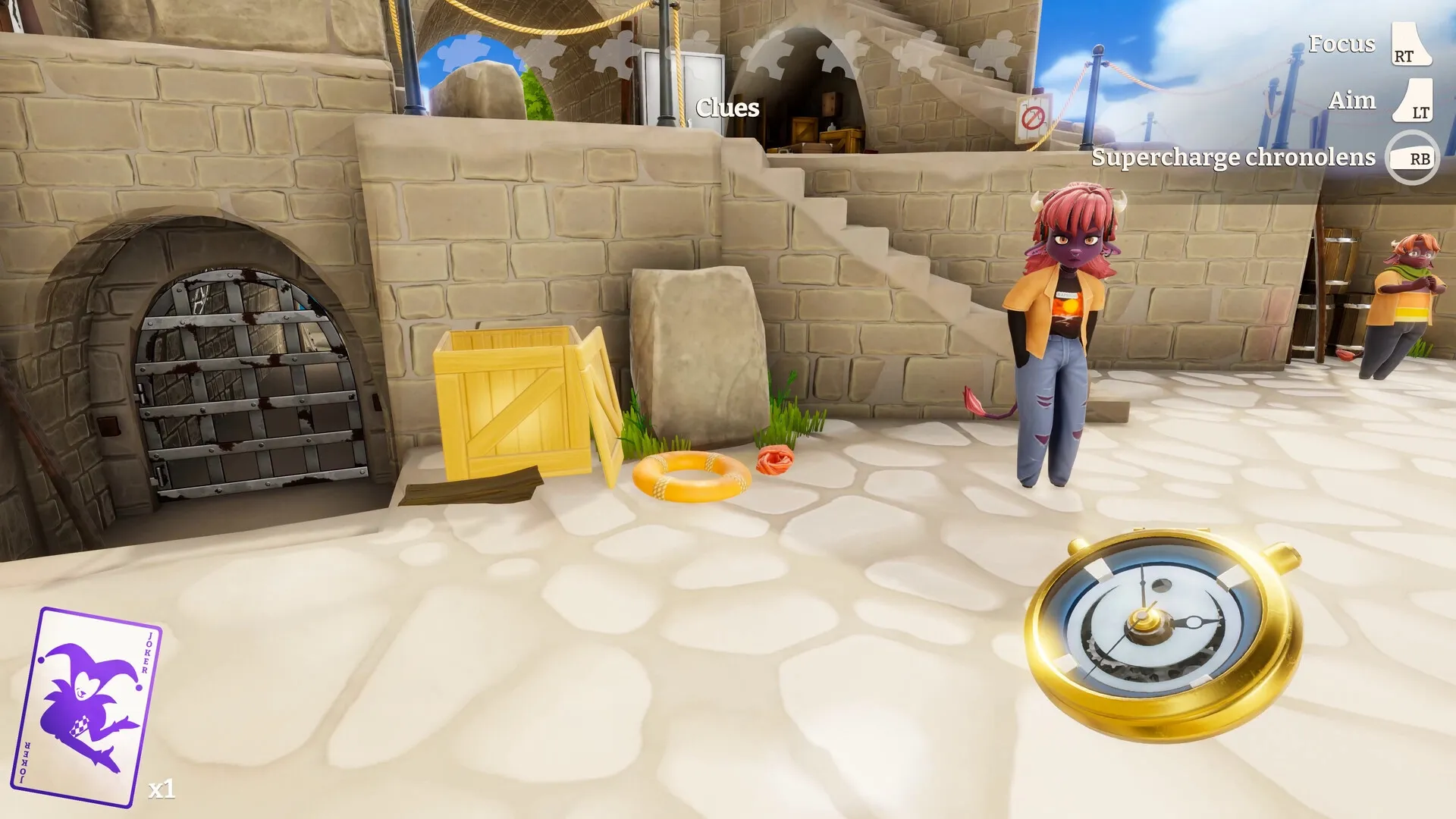 On Your Tail: Character stands by stone wall with compass UI, clues highlighted in seaside village.