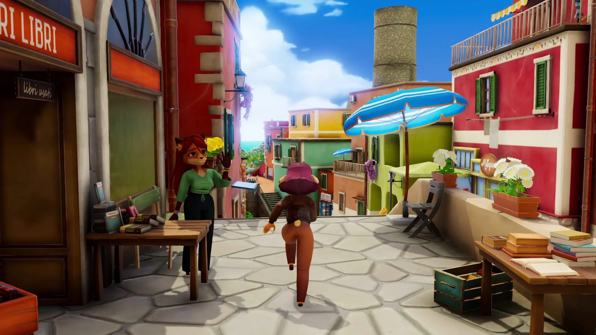 On Your Tail: Character exploring vibrant seaside town street with colorful buildings and shops