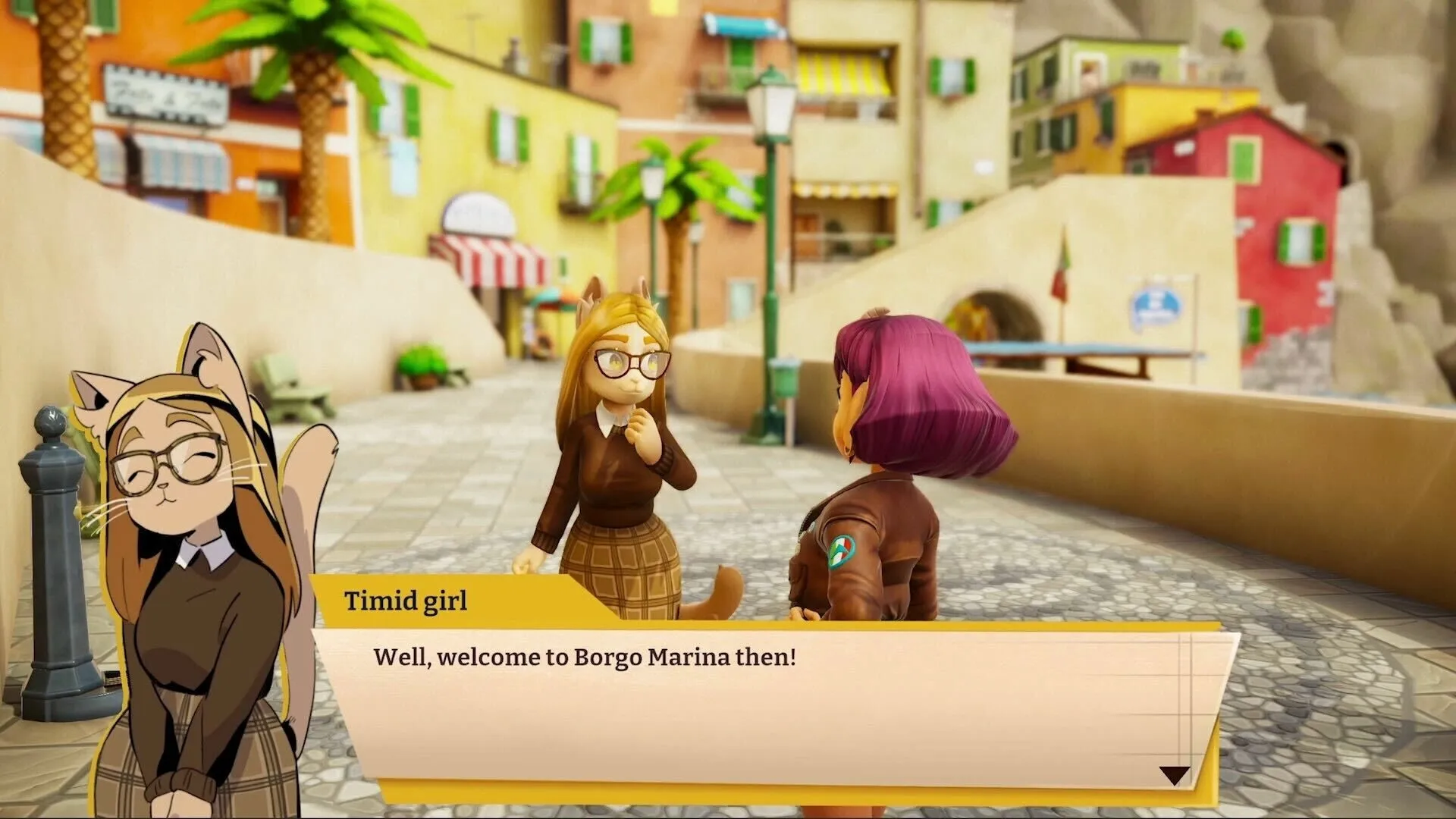 On Your Tail: Conversation with timid girl in colorful seaside town Borgo Marina, dialogue box visible.