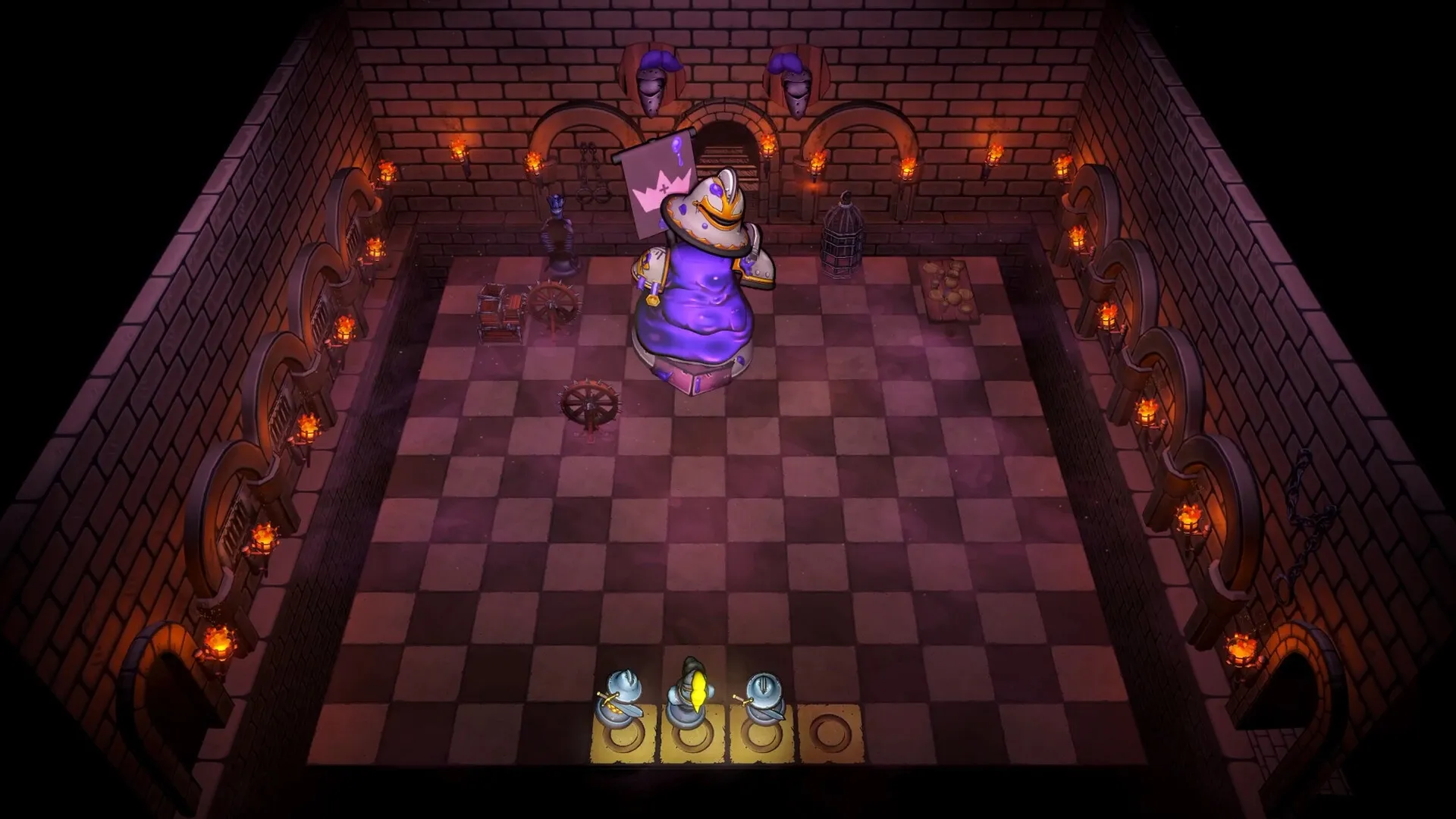Once a Pawn a King: Purple boss battle in torch-lit dungeon with player pawns ready on checkered floor