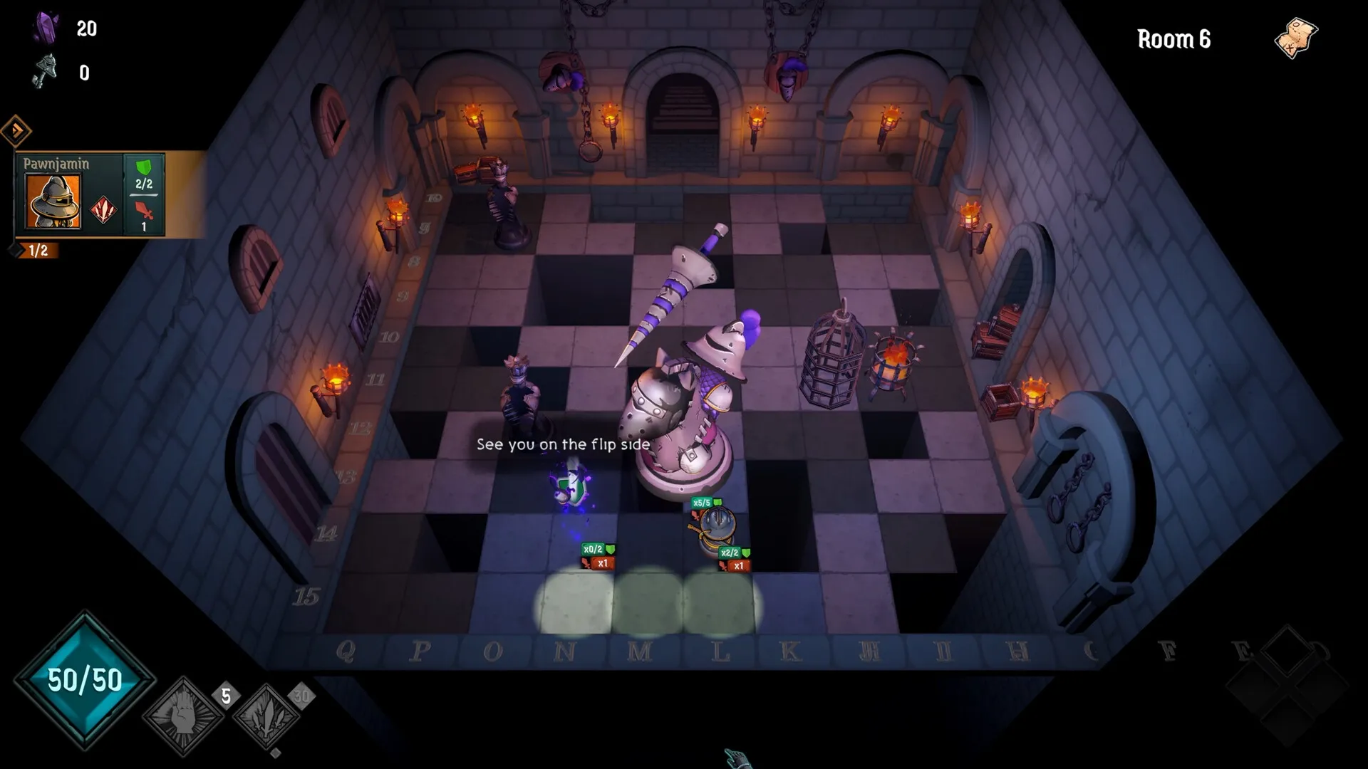 Once a Pawn a King: Pawnjamin faces enemies on a checkered floor in torch-lit Room 6 of the castle.