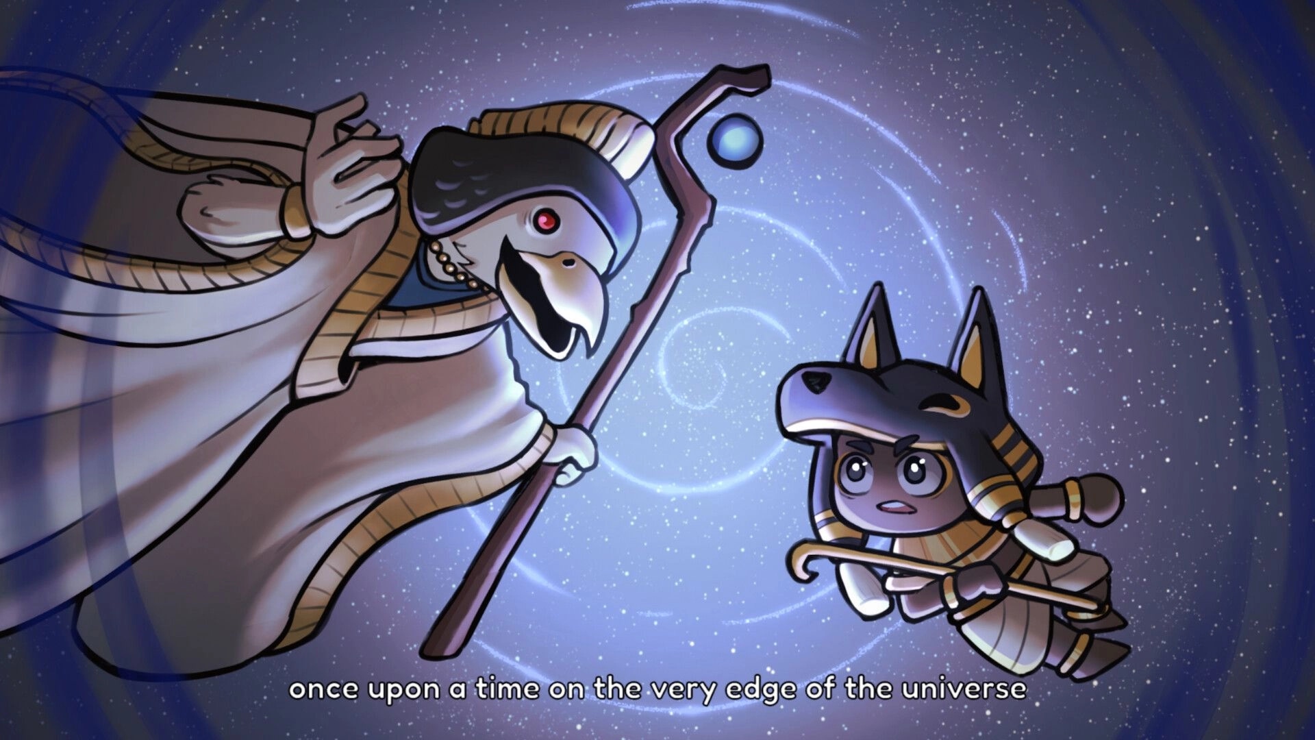 Once Upon A Kingdom: Two mythical characters converse in a starry cosmic void with swirling patterns.