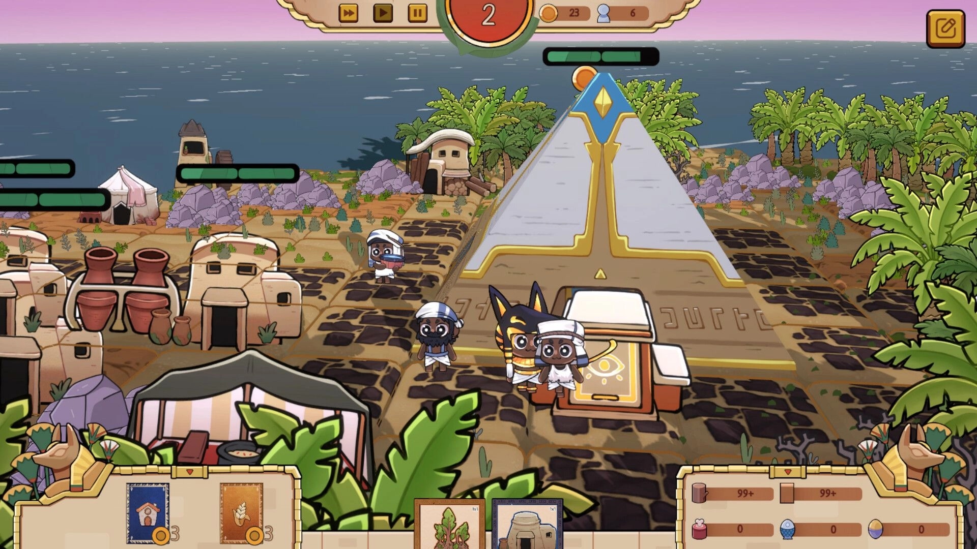 Once Upon A Kingdom: Characters explore ancient pyramid in coastal village with lush greenery and tents