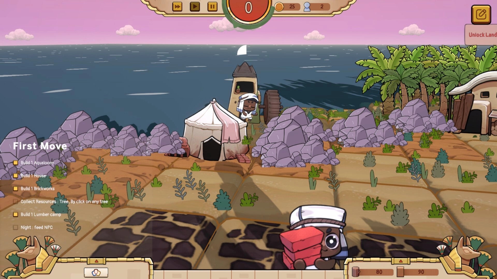 Once Upon A Kingdom: Character gathers resources by the sea with building objectives and inventory display.