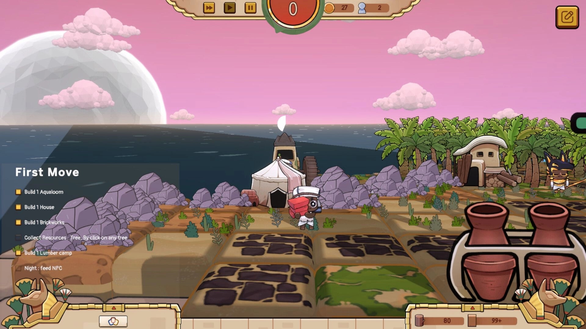 Once Upon A Kingdom: Character moves on grid, building menu open, with ocean and palm trees in background.