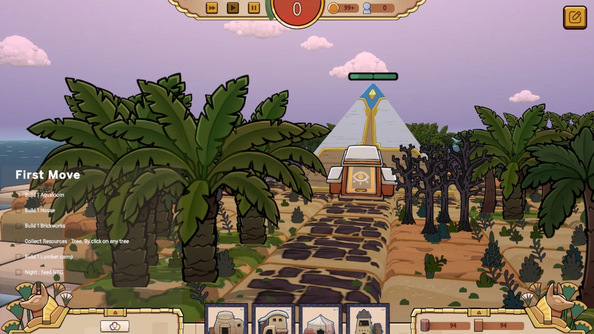 Once Upon A Kingdom: Task list and path leading to a pyramid amidst palm trees in a desert landscape