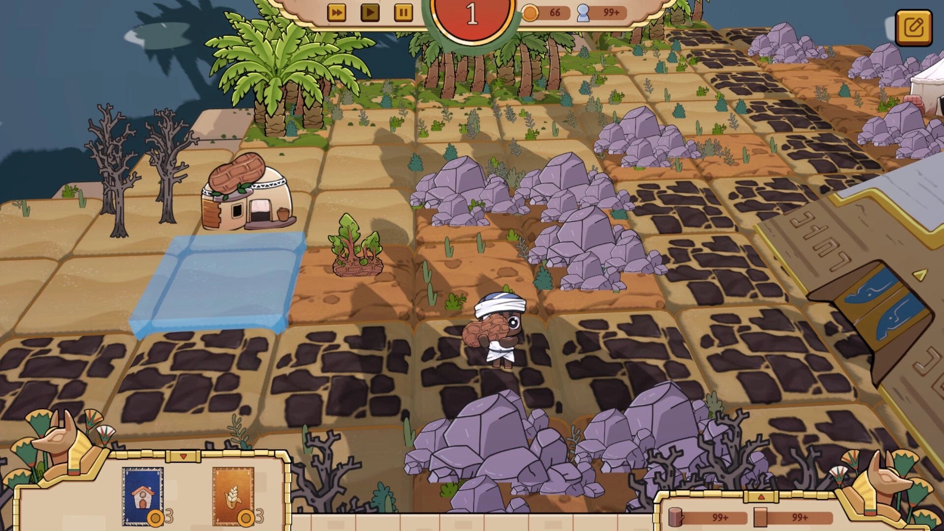 Once Upon A Kingdom: Character explores desert grid with rocky terrain and building card options visible
