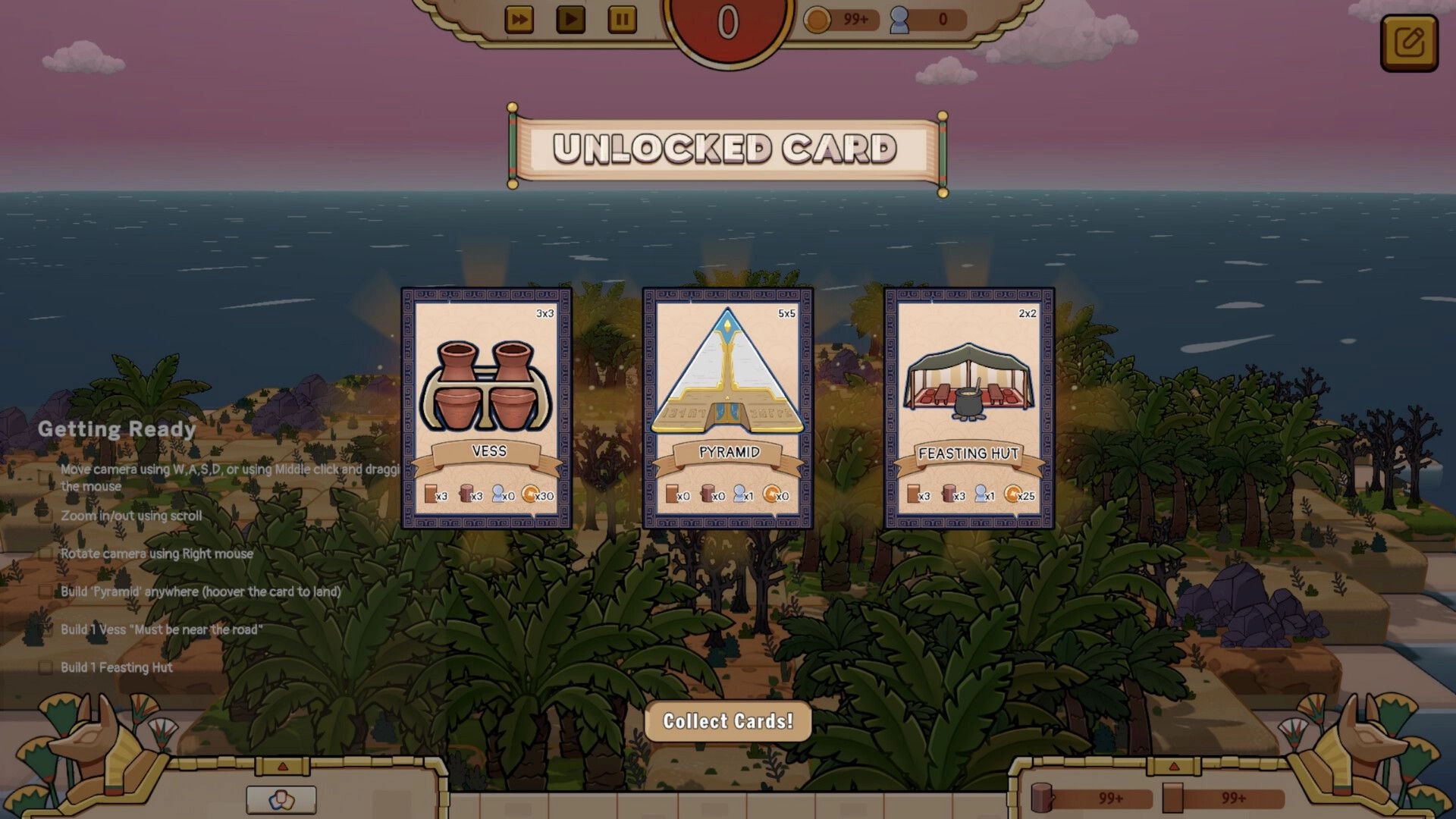 Once Upon A Kingdom: Unlocked card menu with Vess, Pyramid, and Feasting Hut cards over a coastal view.
