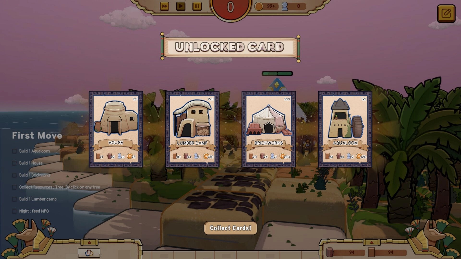 Once Upon A Kingdom: Unlocked building cards with options for House, Lumber Camp, and Brickworks displayed