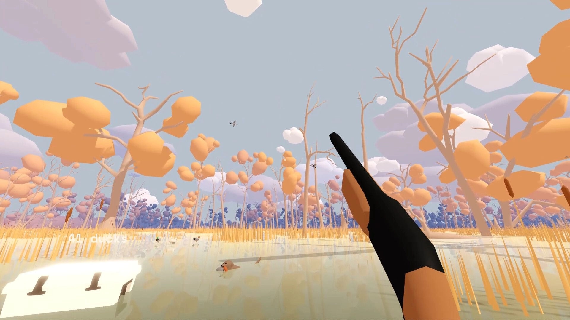 One Billion Ducks: First-person shotgun aiming at flying ducks over a marsh with orange trees and reeds.
