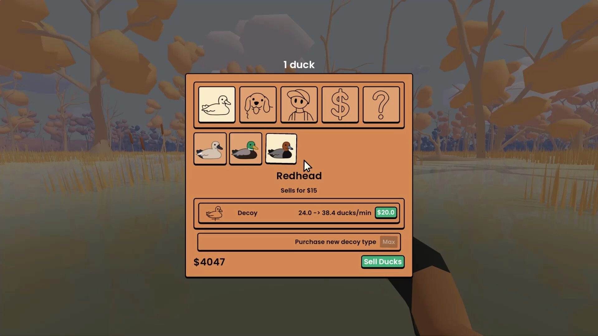 One Billion Ducks: Duck inventory and decoy upgrade menu over a misty swamp with autumn trees.
