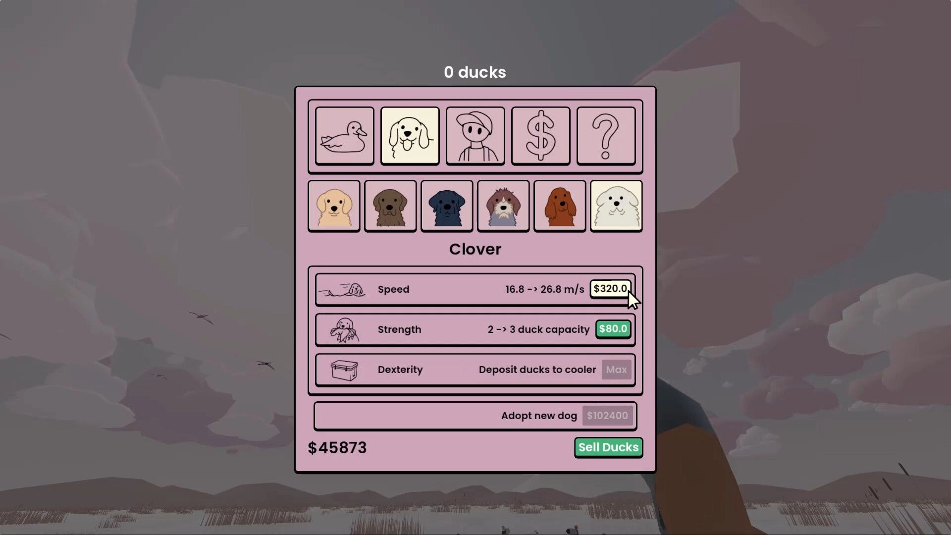 One Billion Ducks: Dog upgrade menu for Clover with speed and strength stats over cloudy field backdrop.