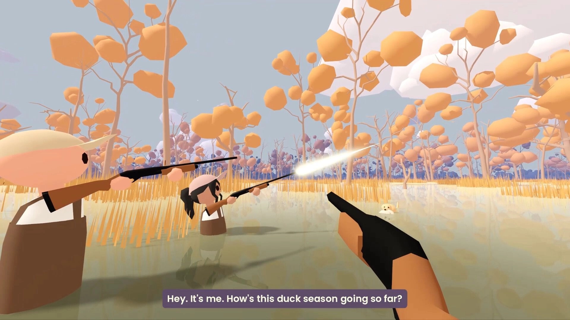 One Billion Ducks: First-person duck hunt with two hunters aiming rifles in a flooded autumn forest.