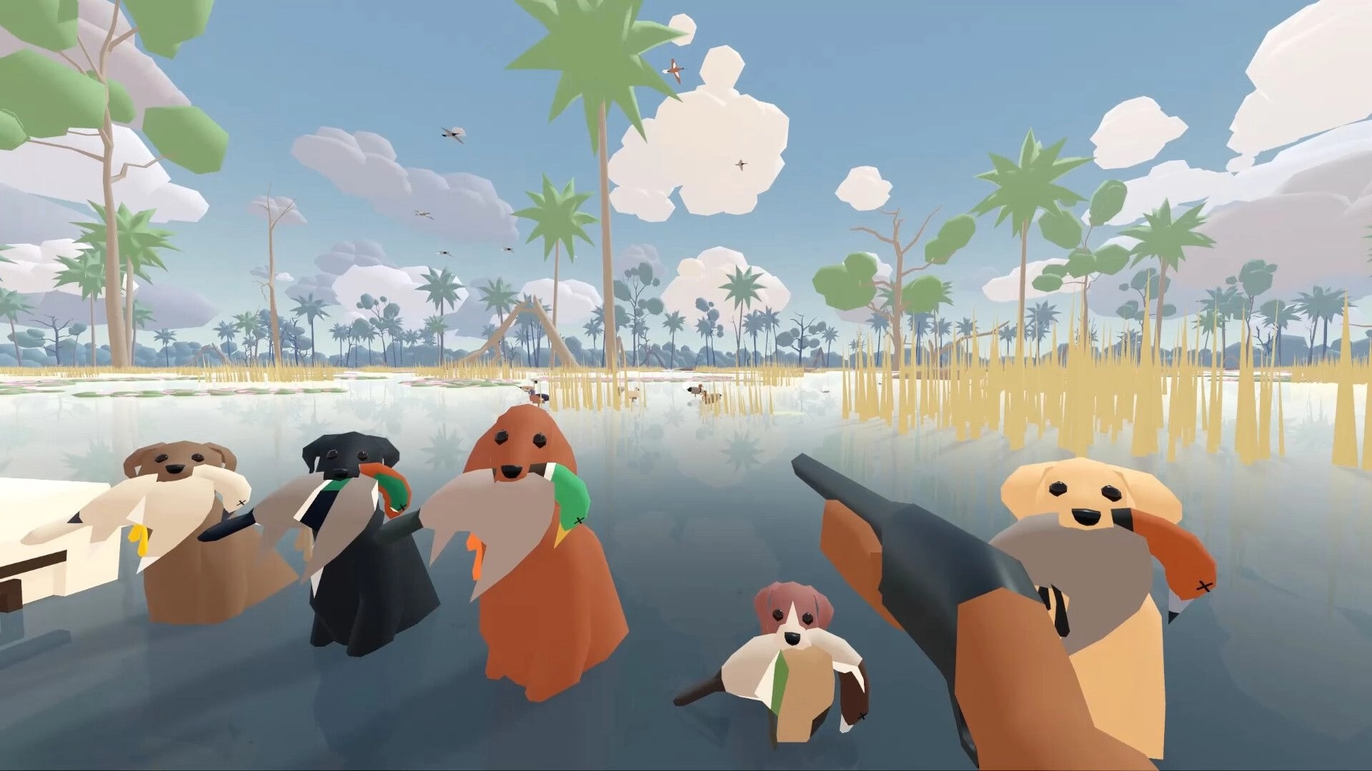 One Billion Ducks: Shotgun aimed over marsh with dogs holding ducks, palm trees and birds overhead.