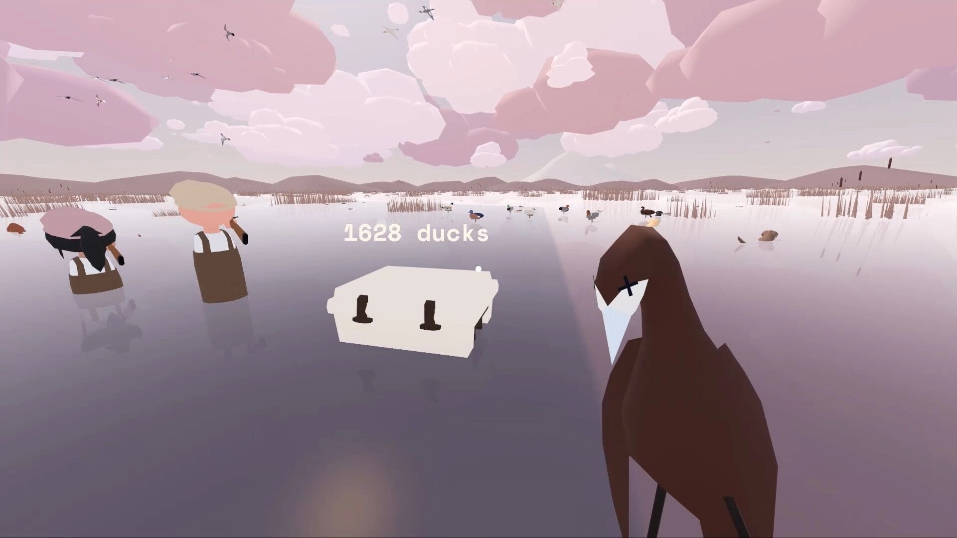 One Billion Ducks: Hunter and dog in marsh aiming at ducks, counter reads 1628 ducks under pink clouds.