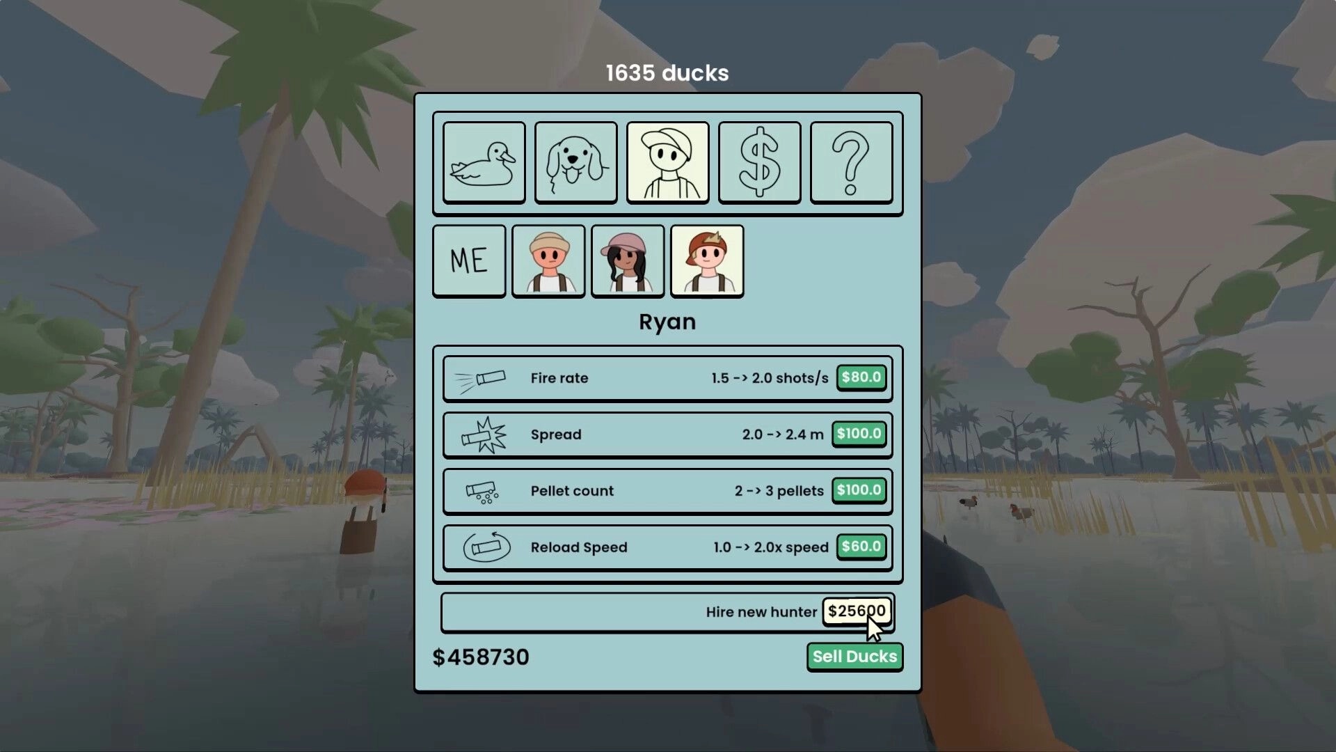 One Billion Ducks: Hunter upgrade menu for Ryan over swamp map with ducks, cash, and Sell Ducks button.