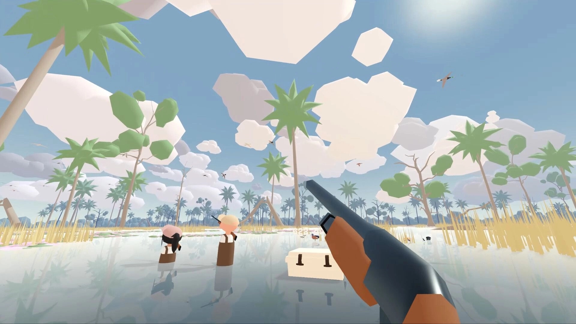 One Billion Ducks: First-person shotgun aiming over marsh with two hunters and ducks under clouds.