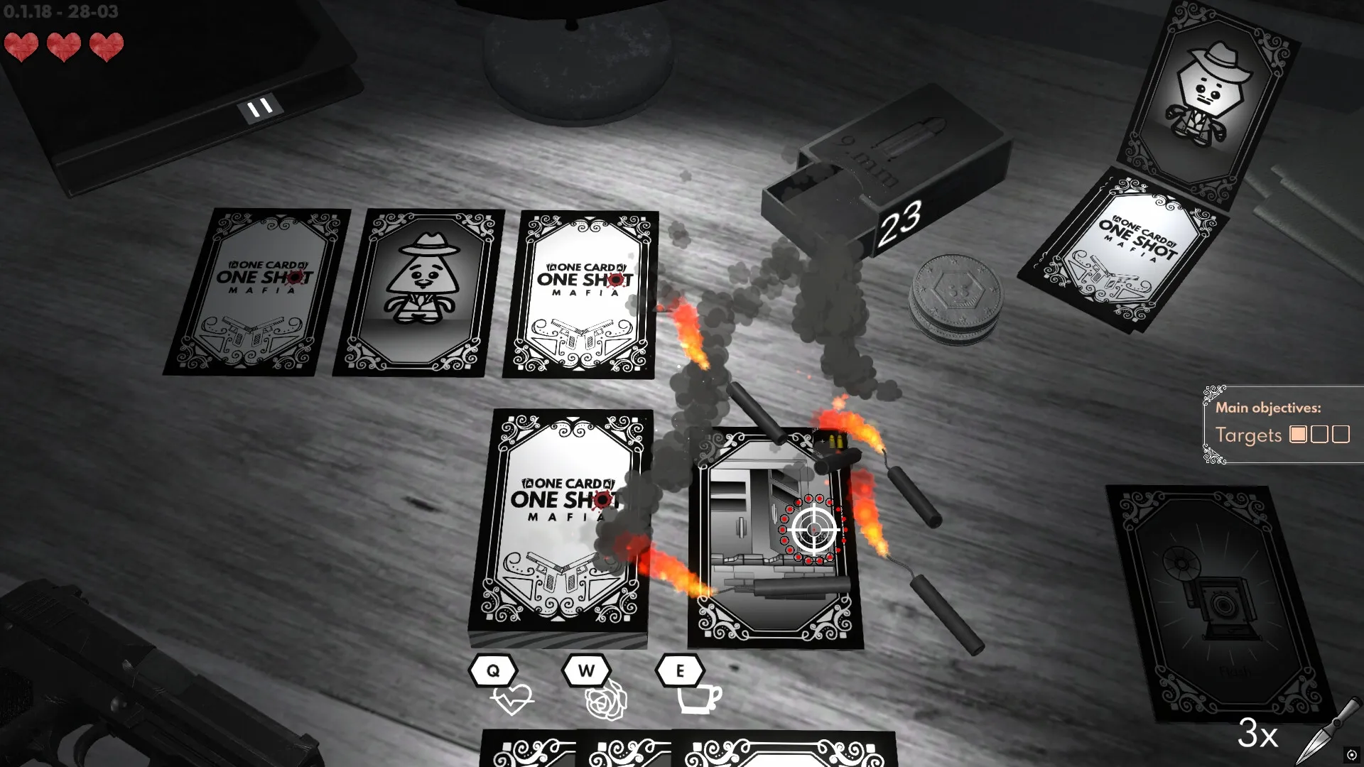 One Card One Shot: Card deck with gun and coins on a table, objectives panel showing target boxes.