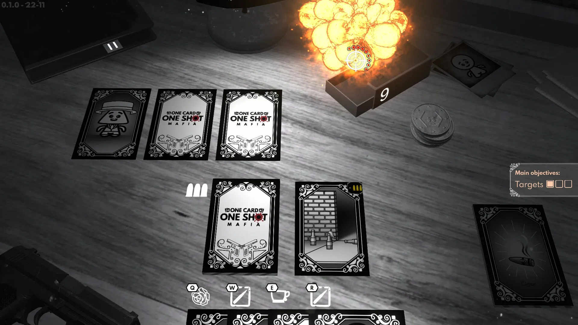 One Card One Shot: Card selection with explosive action and objectives menu in a mafia-themed setting