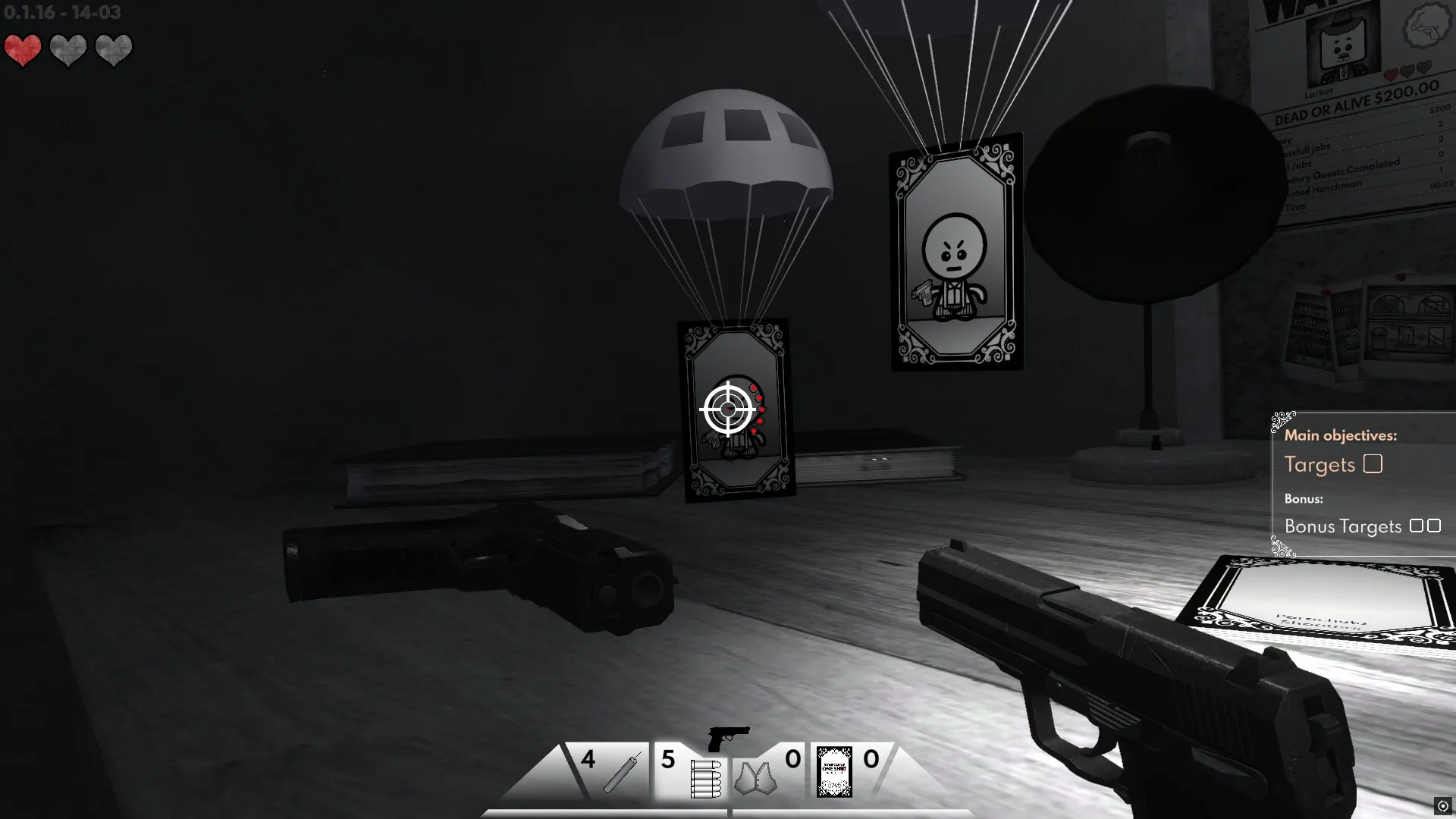 One Card One Shot: Card with parachute landing on desk beside guns in dimly lit room with objectives.