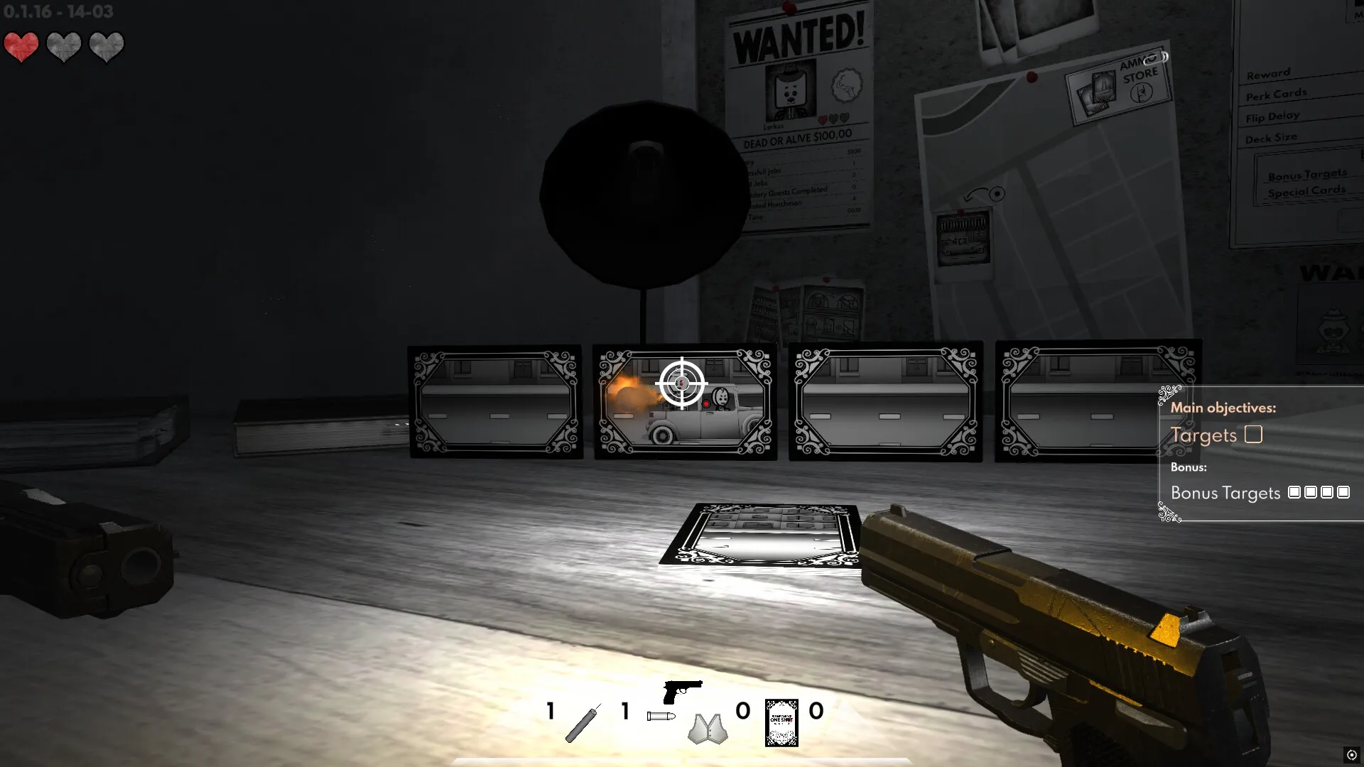 One Card One Shot: Player aims pistol at card with car in dimly lit room, objectives displayed on screen.