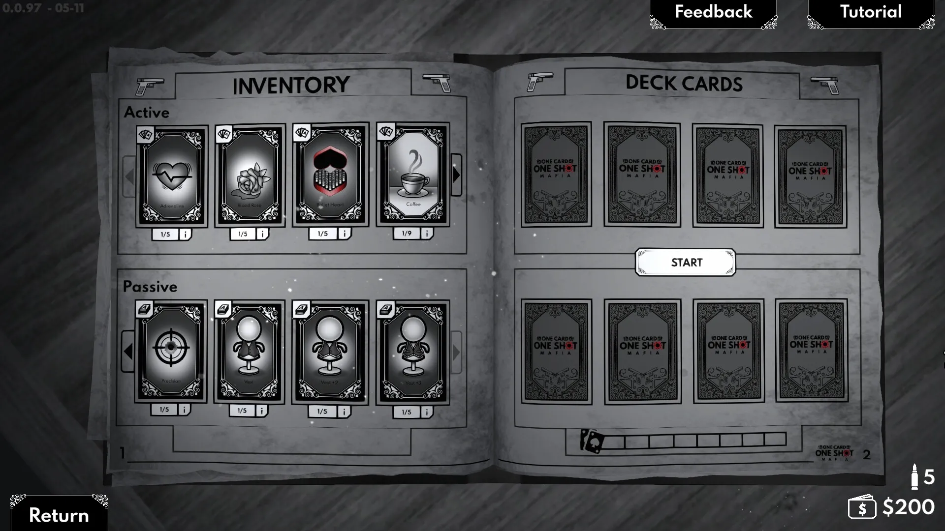 One Card One Shot: Inventory menu displaying active and passive cards with deck cards on the right page.