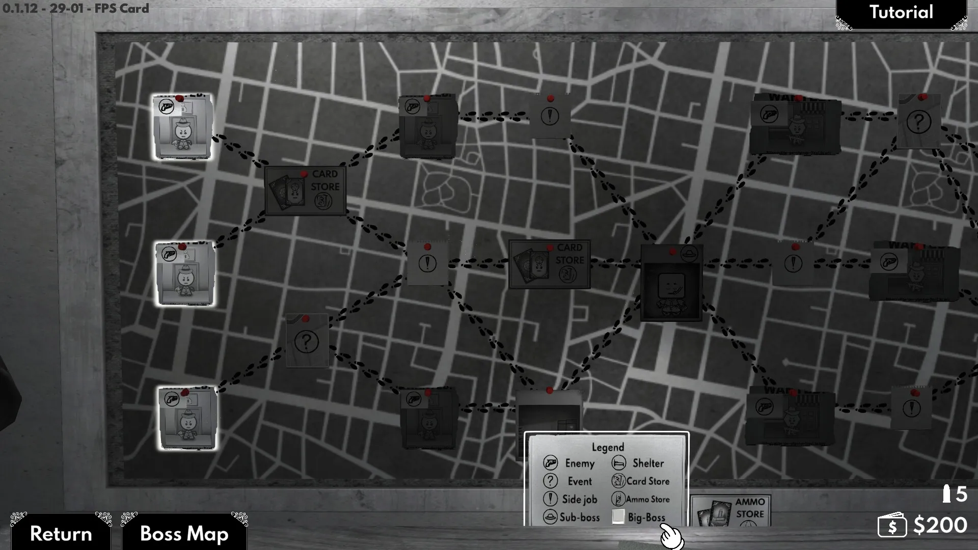 One Card One Shot: Strategic map overview with enemy icons and paths in a black-and-white city grid