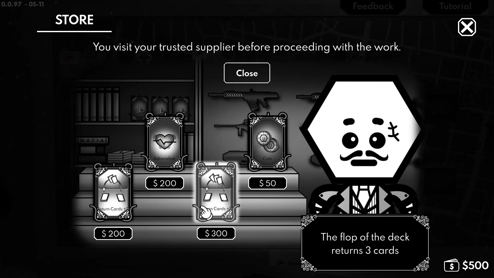 One Card One Shot: Store interface with card options and character icon in a dark mafia-themed setting