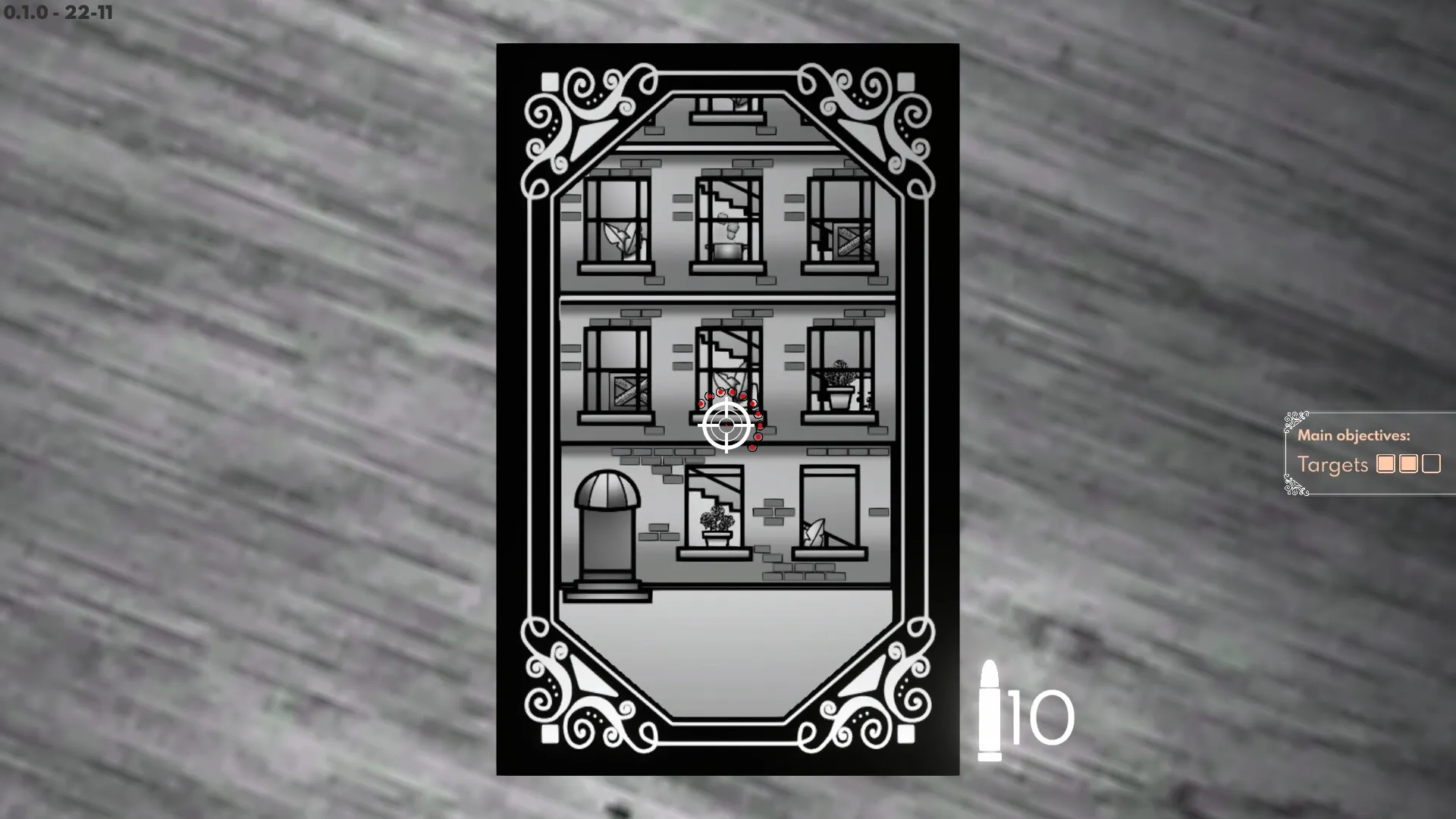 One Card One Shot: Sniper scope targets in a multi-story building with objectives panel on the right
