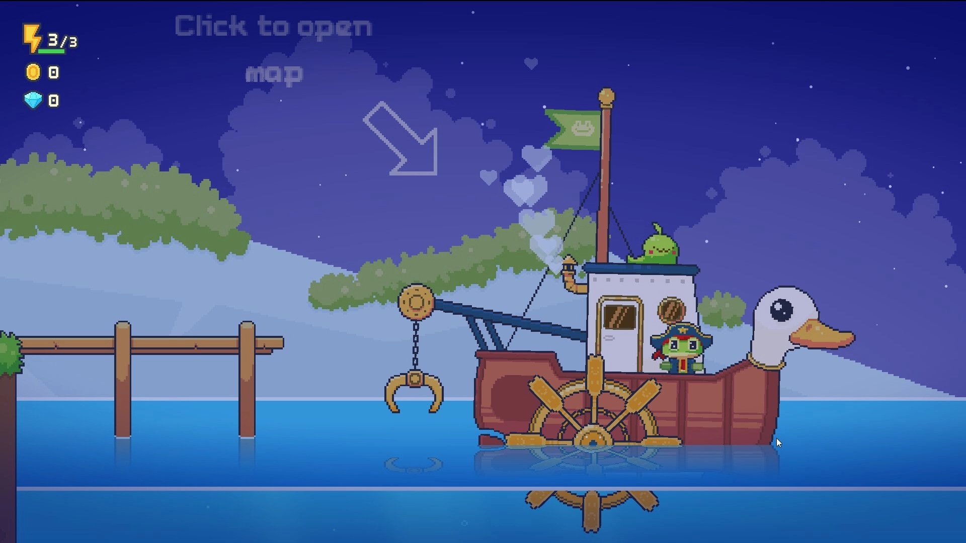 One Coin Museum: Duck-shaped boat at dock with crane claw and energy/coin UI under night sky.