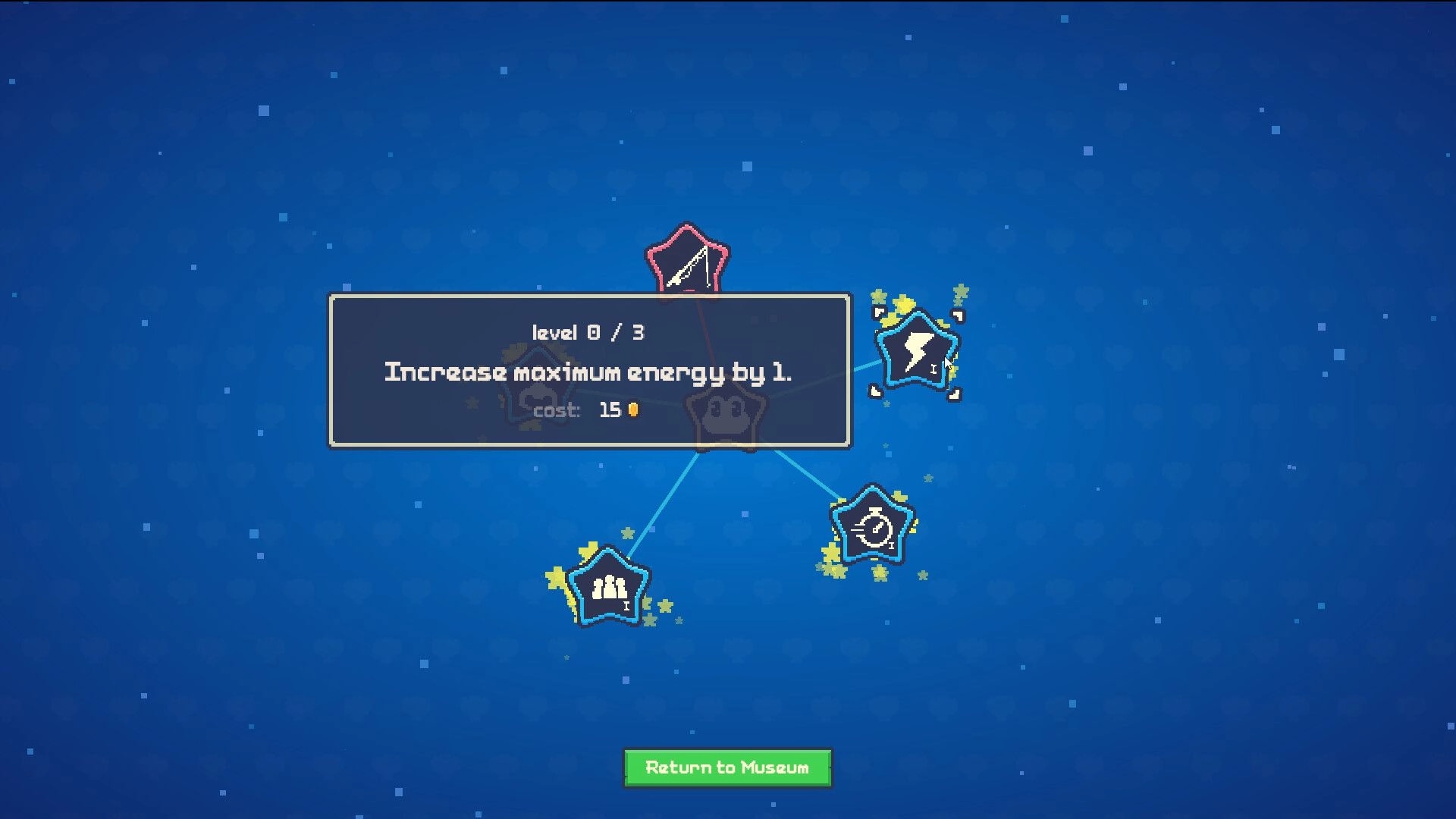 One Coin Museum: Upgrade skill tree popup for max energy +1 on blue star map with Return to Museum button.
