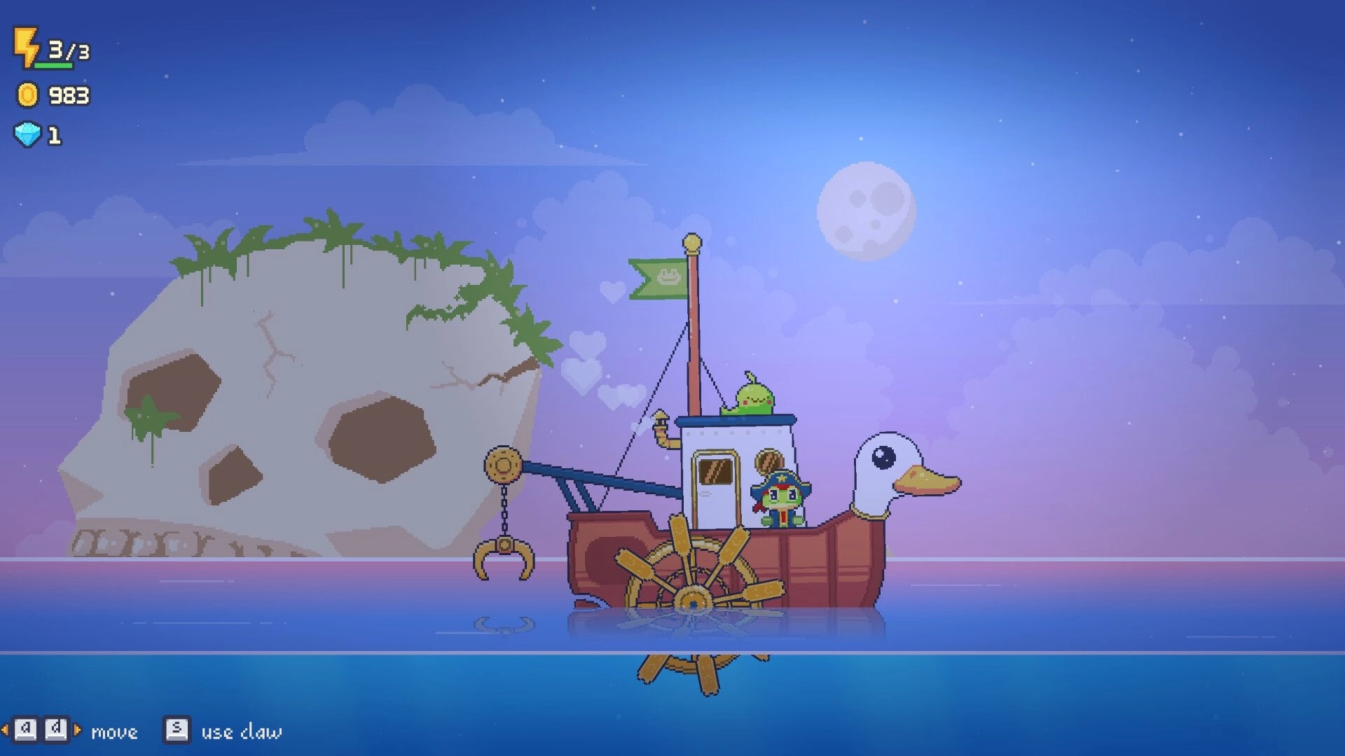 One Coin Museum: Duck-headed boat with claw crane sailing past skull island at night, HUD visible.