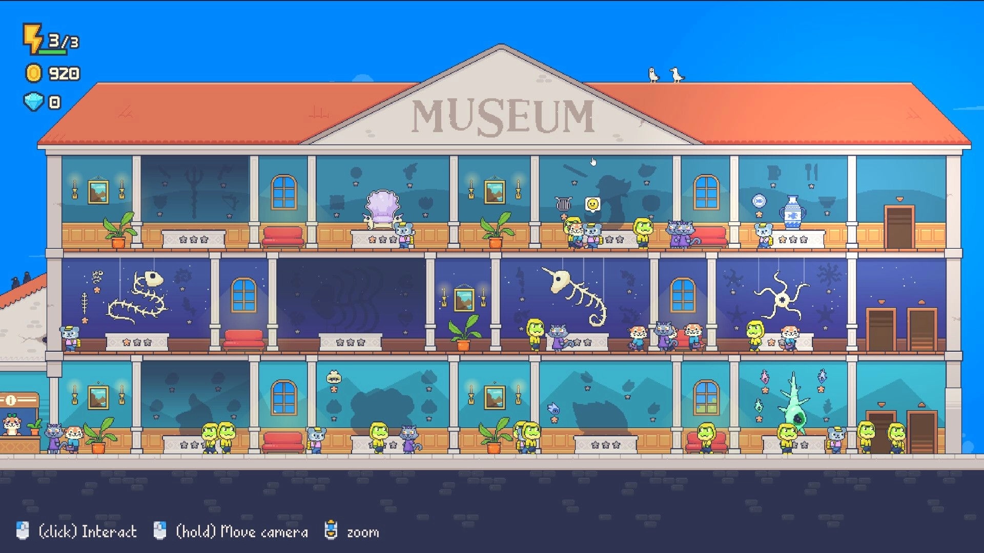 One Coin Museum: Side-view museum management with visitors, fossils and artifacts displayed across rooms.