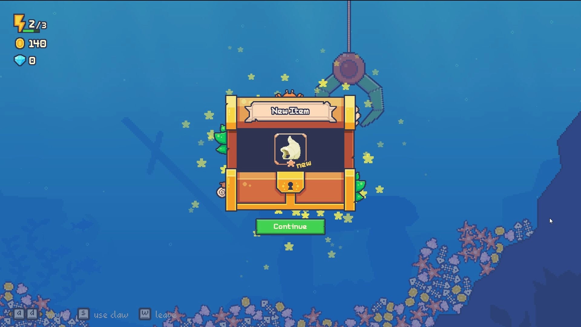 One Coin Museum: New Item treasure chest popup with a shell icon, claw hovering over blue sea map.