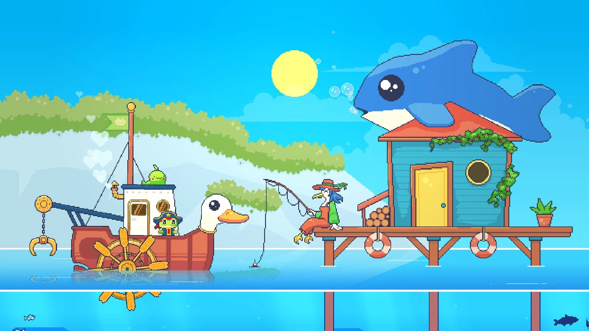 One Coin Museum: Claw boat docks by a pier as a bird fishes beside a blue seaside house with whale roof.