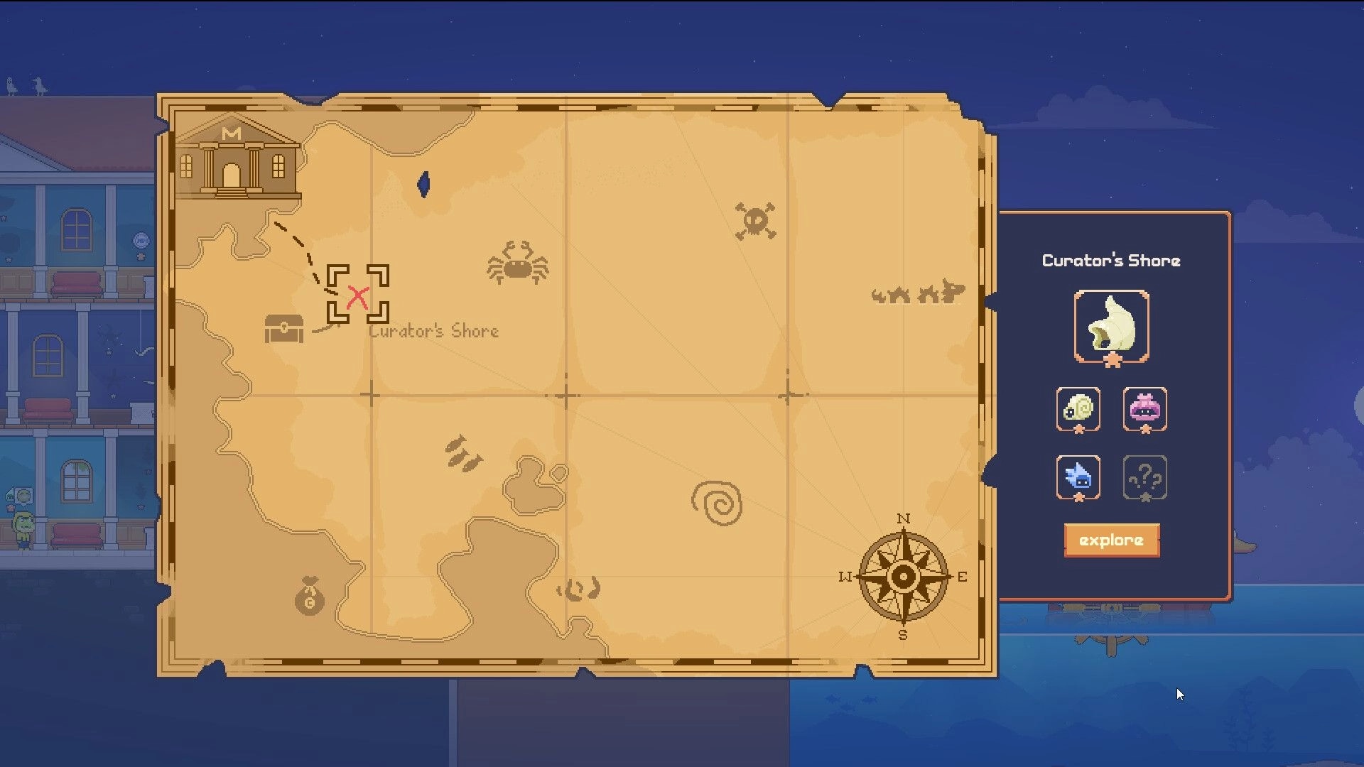 One Coin Museum: World map selection with Curator's Shore panel and Explore button at night sky backdrop.