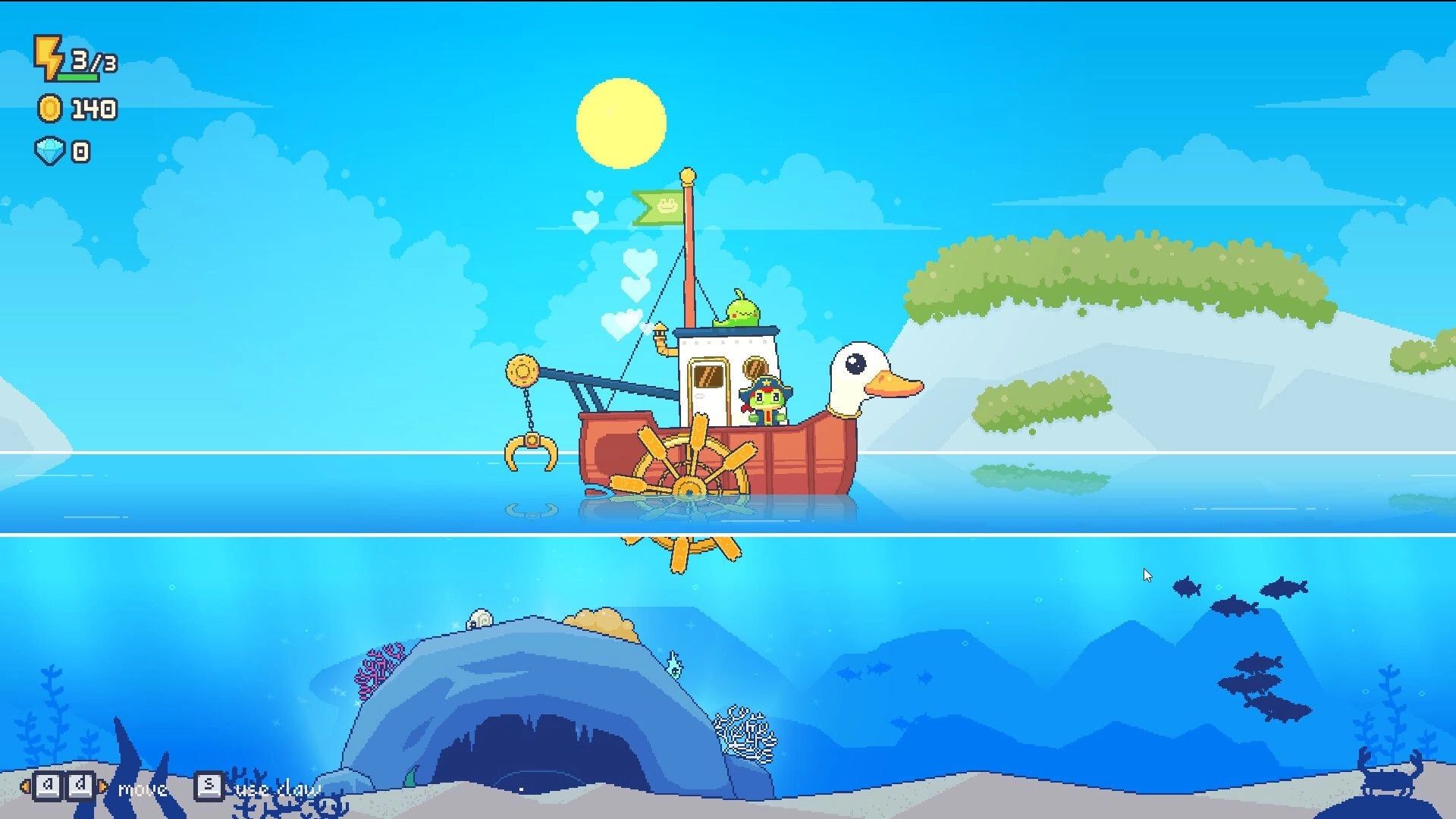 One Coin Museum: Duck-headed boat with claw crane sailing above fish-filled sea near island UI stats.