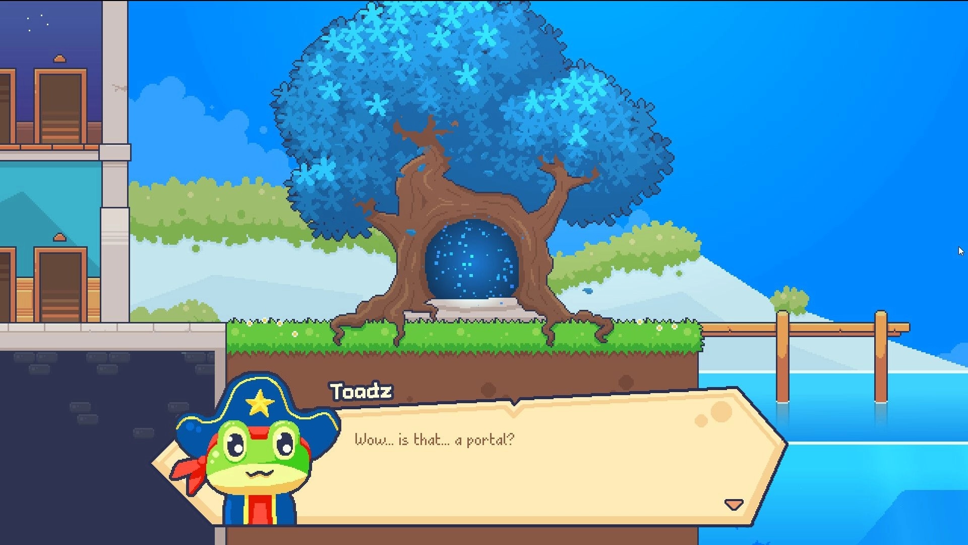 One Coin Museum: Toadz dialogue box about a portal beside a glowing tree hollow on a seaside dock.